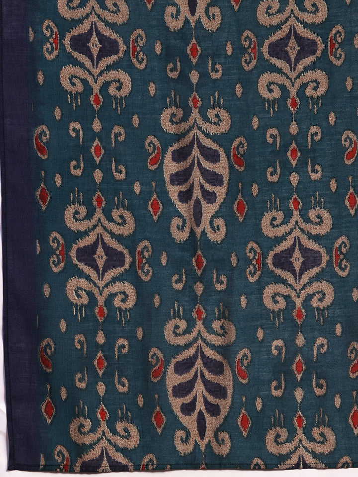 Blue Printed Silk Blend Straight Suit With Dupatta