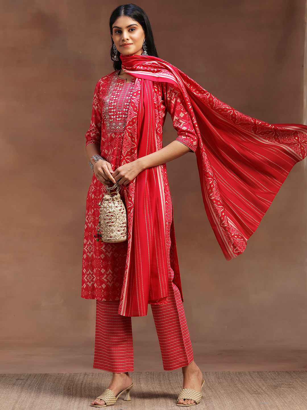 Pink Printed Silk Blend Straight Suit With Dupatta