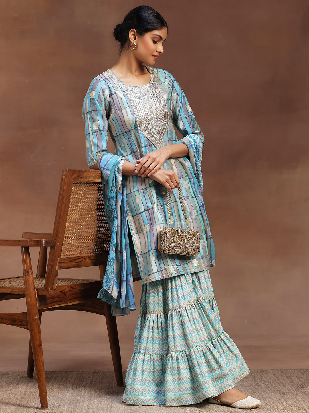 Blue Printed Silk Blend Straight Suit With Dupatta