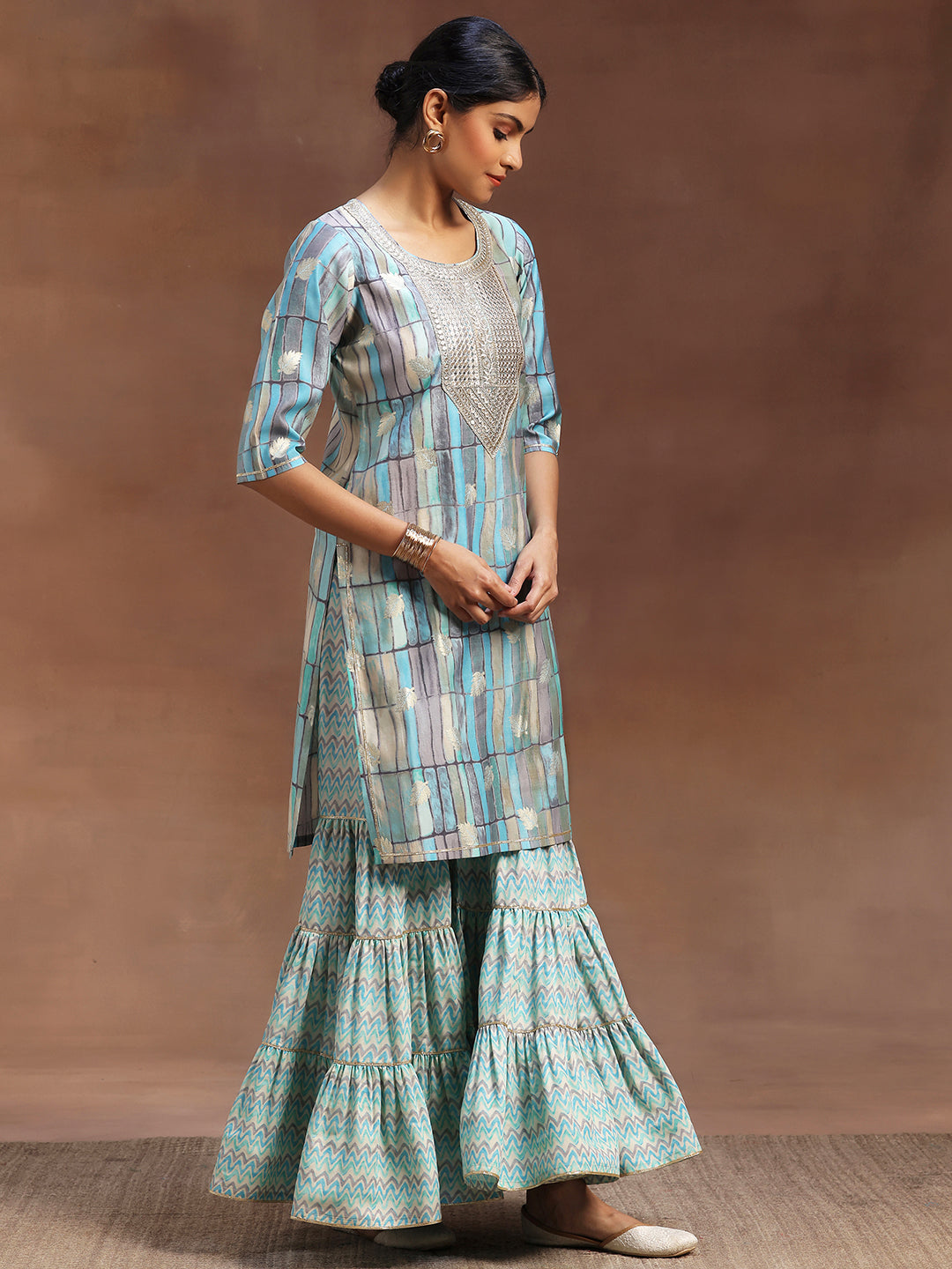 Blue Printed Silk Blend Straight Suit With Dupatta