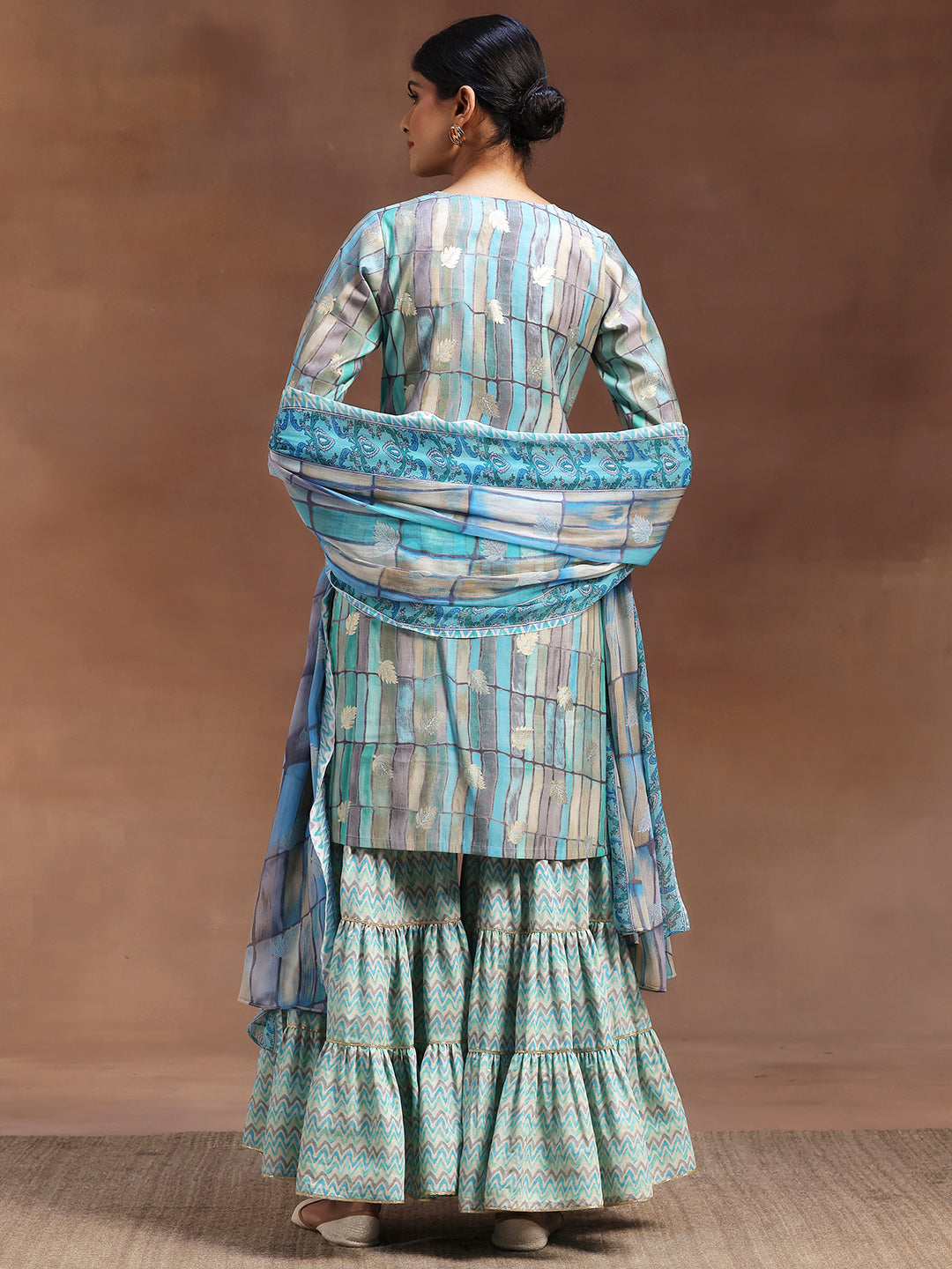 Blue Printed Silk Blend Straight Suit With Dupatta