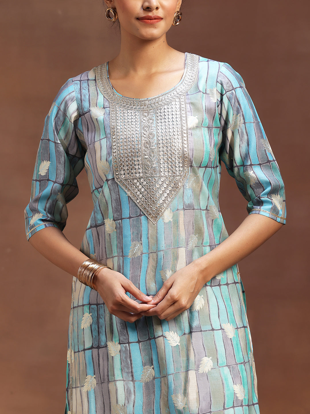 Blue Printed Silk Blend Straight Suit With Dupatta