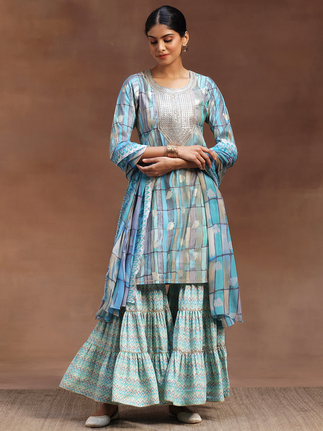 Blue Printed Silk Blend Straight Suit With Dupatta