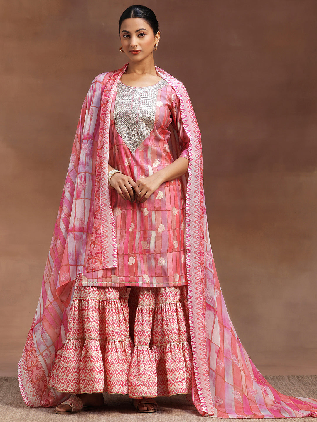 Pink Printed Silk Blend Straight Suit With Dupatta