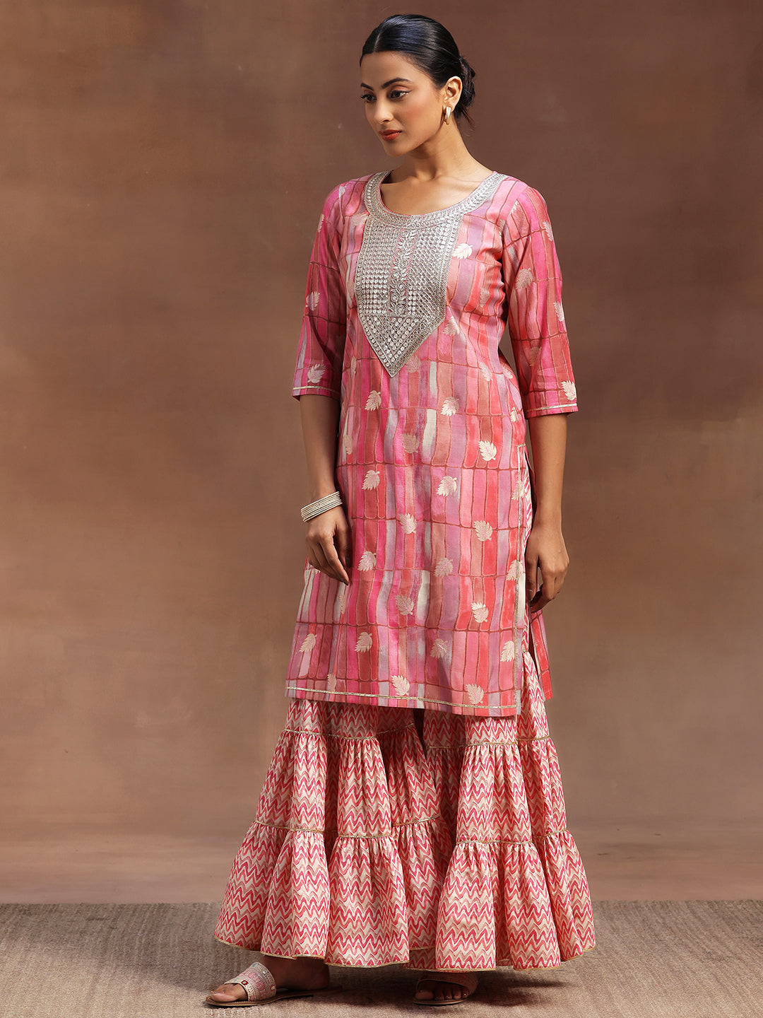 Pink Printed Silk Blend Straight Suit With Dupatta