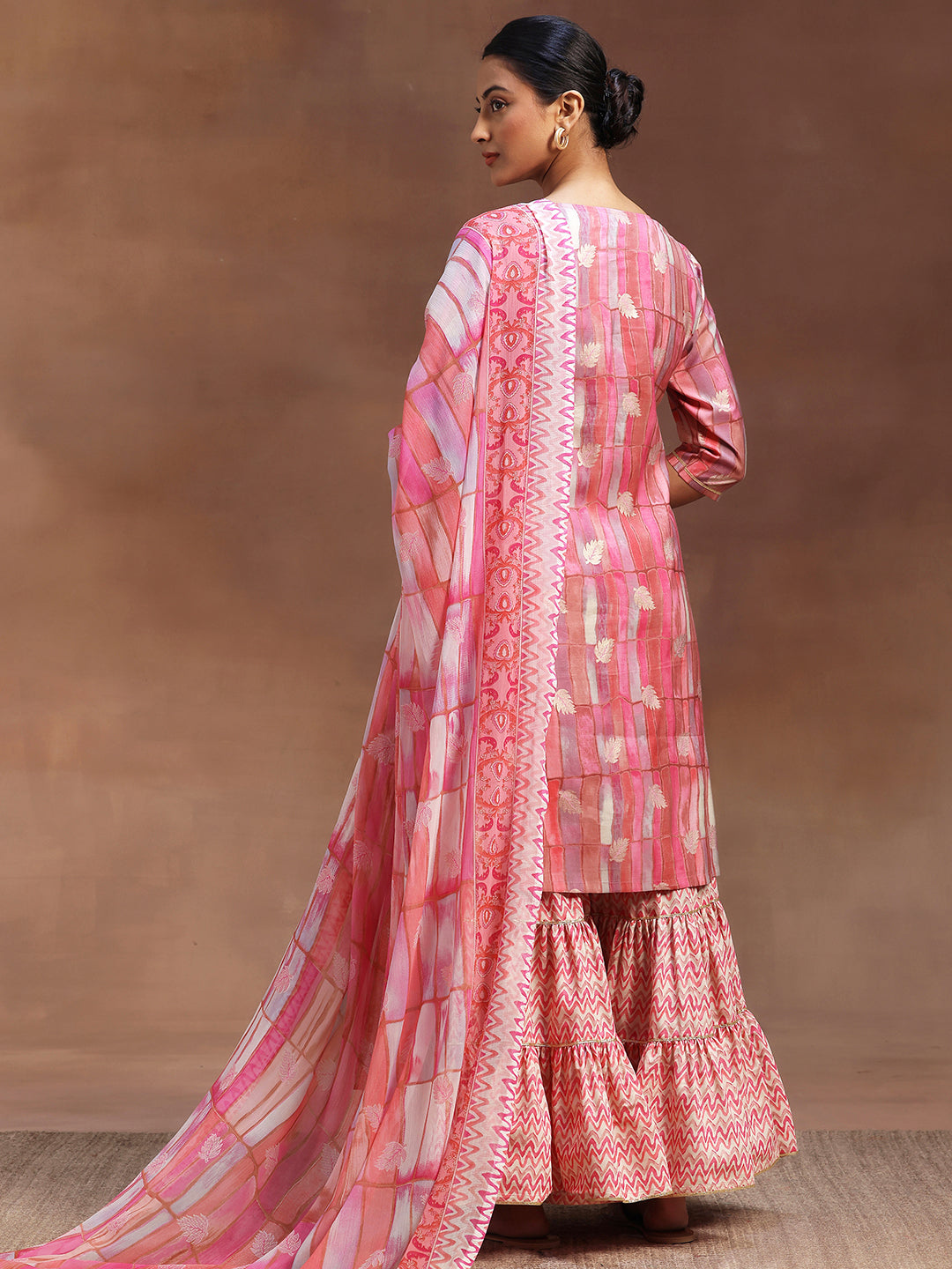 Pink Printed Silk Blend Straight Suit With Dupatta