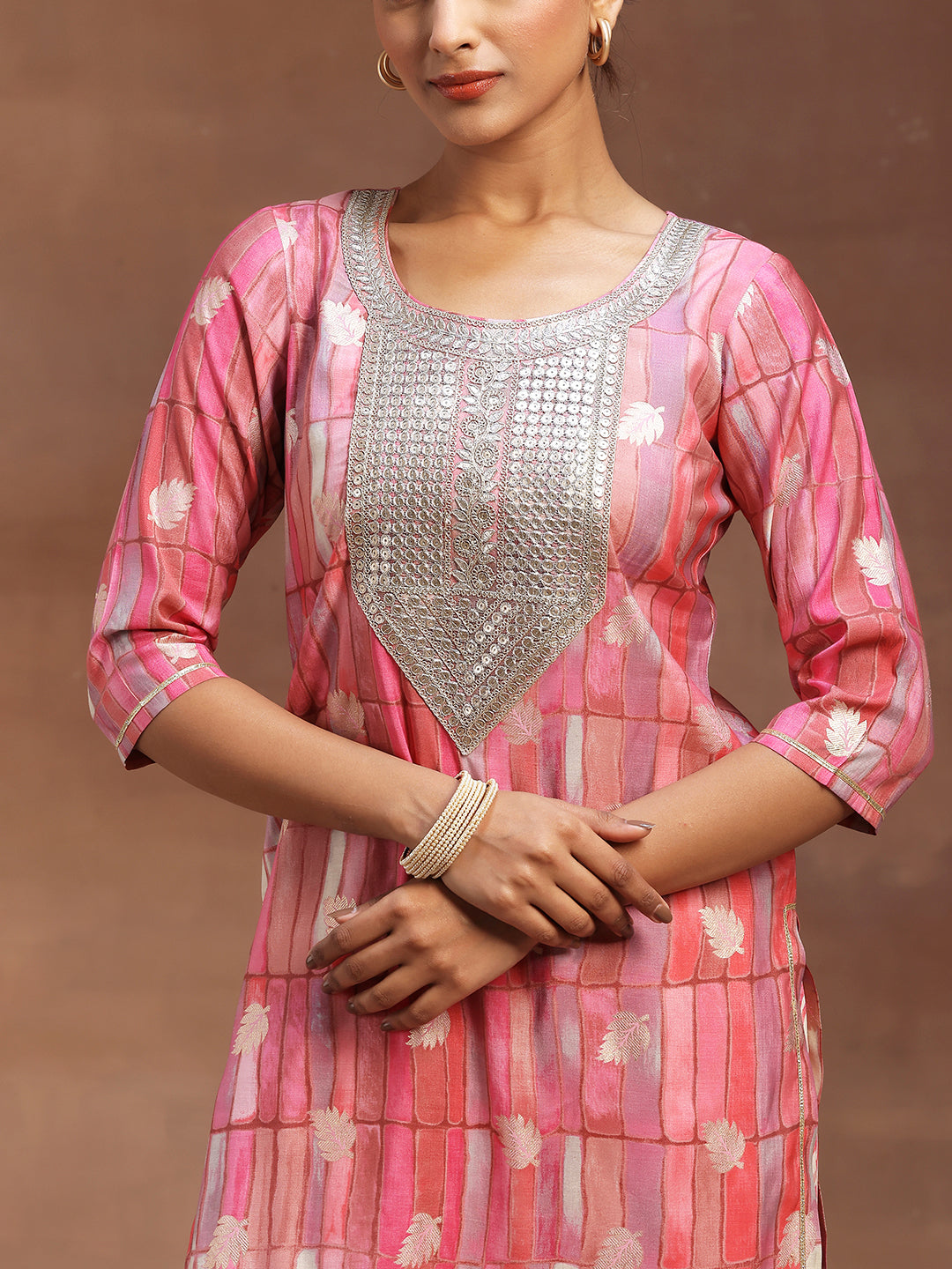 Pink Printed Silk Blend Straight Suit With Dupatta