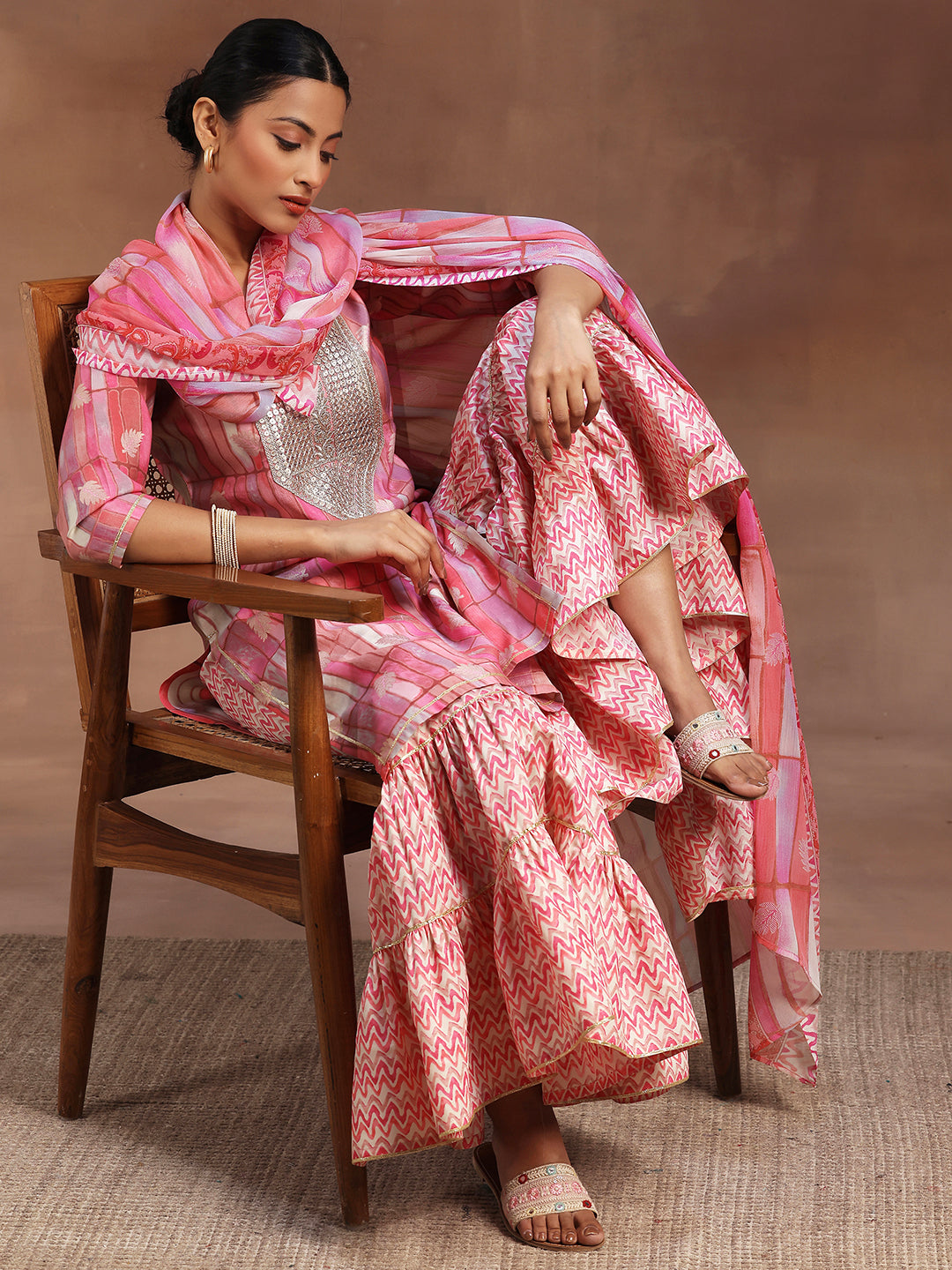 Pink Printed Silk Blend Straight Suit With Dupatta