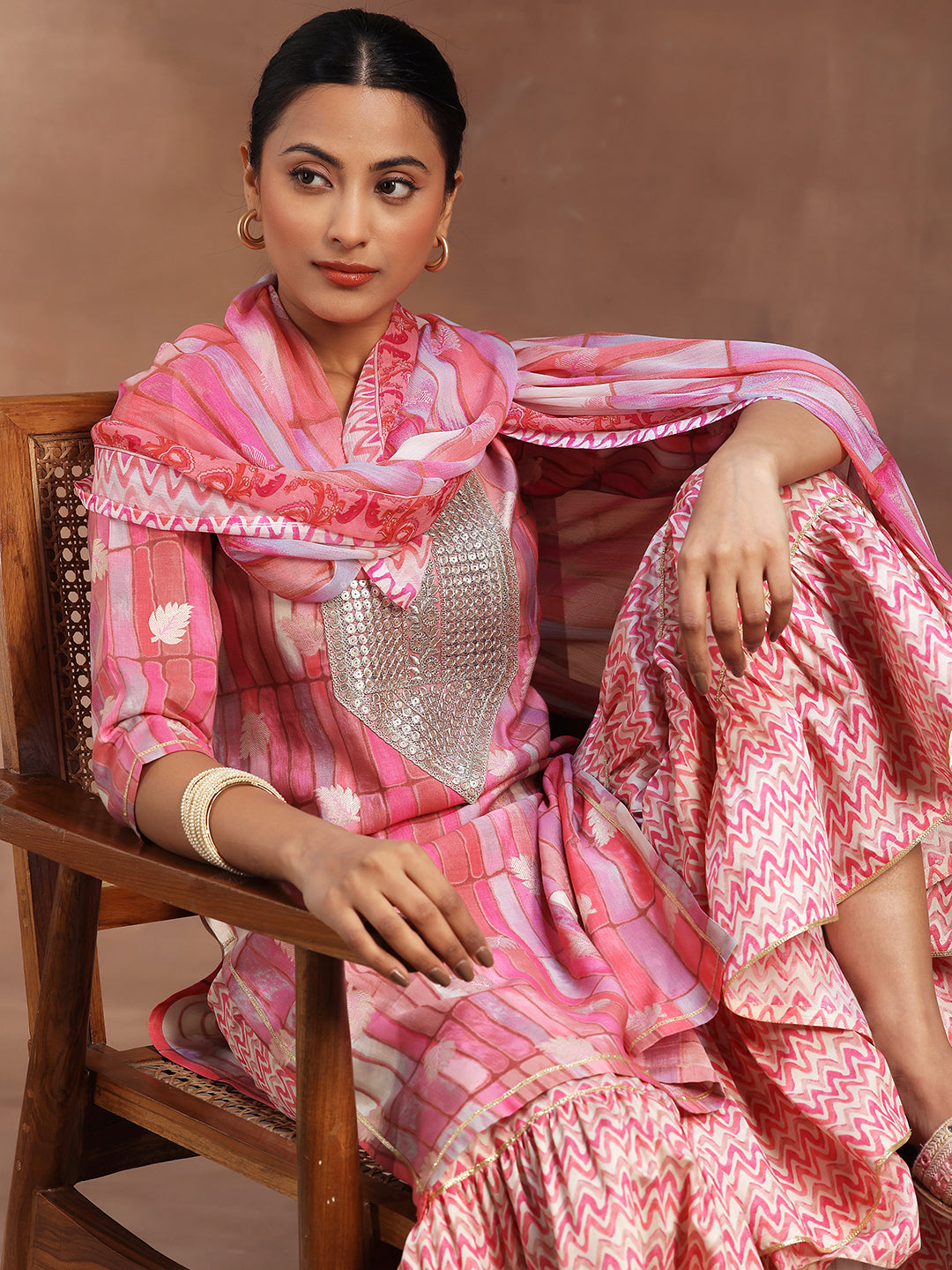 Pink Printed Silk Blend Straight Suit With Dupatta