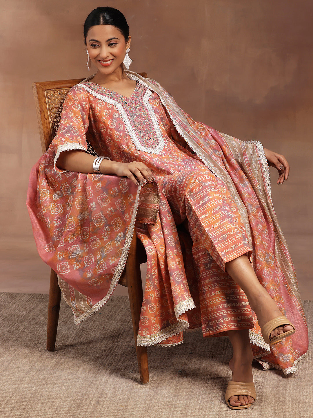 Peach Printed Silk Blend A-Line Kurta With Trousers & Dupatta