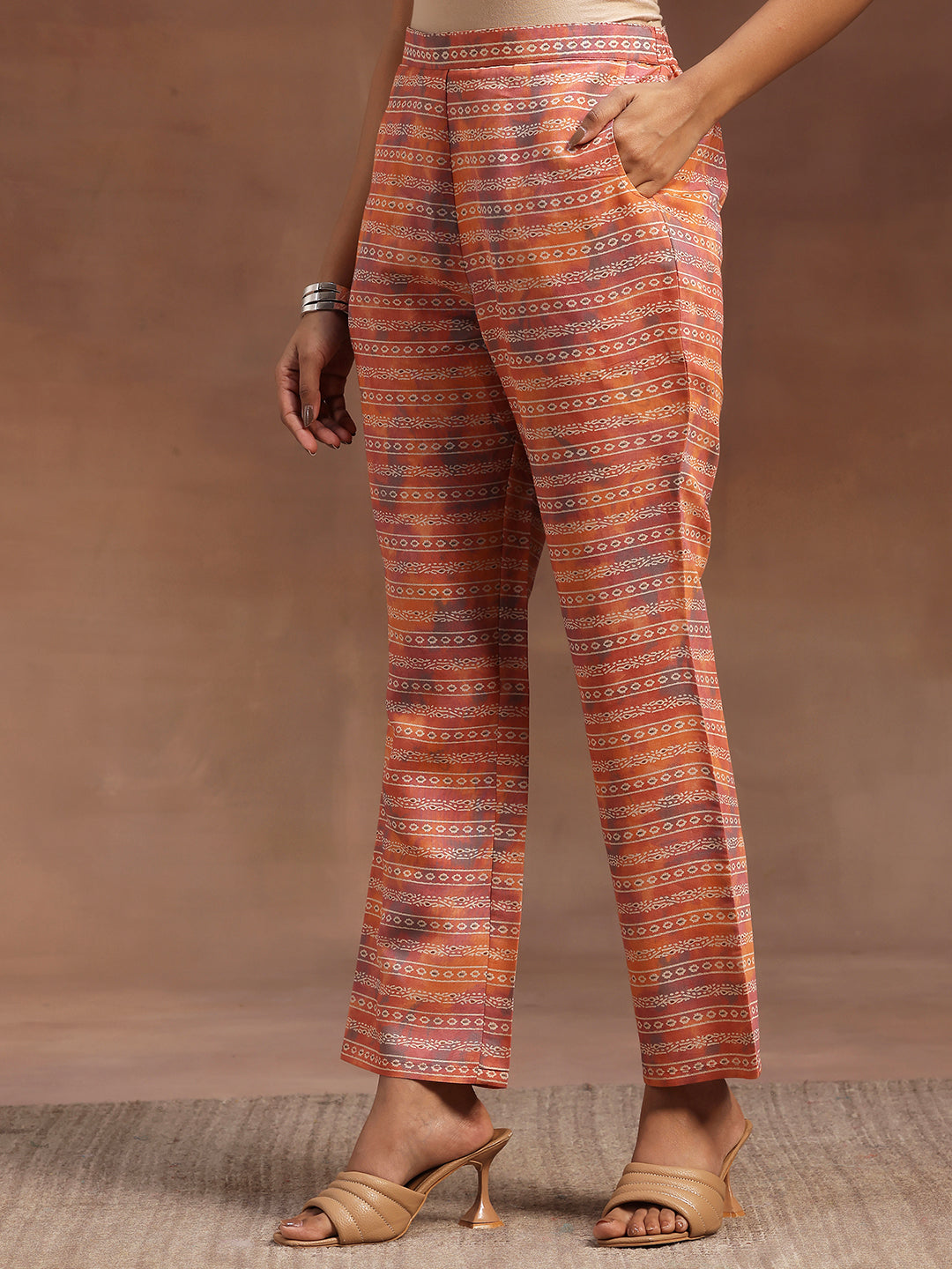 Peach Printed Silk Blend A-Line Kurta With Trousers & Dupatta