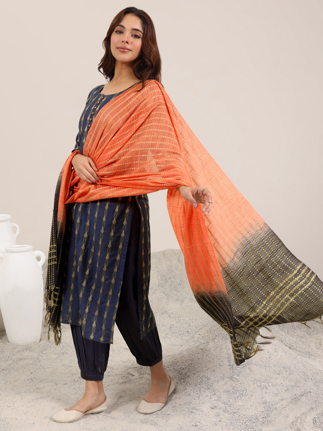 Blue Woven Design Silk Blend Straight Suit With Dupatta