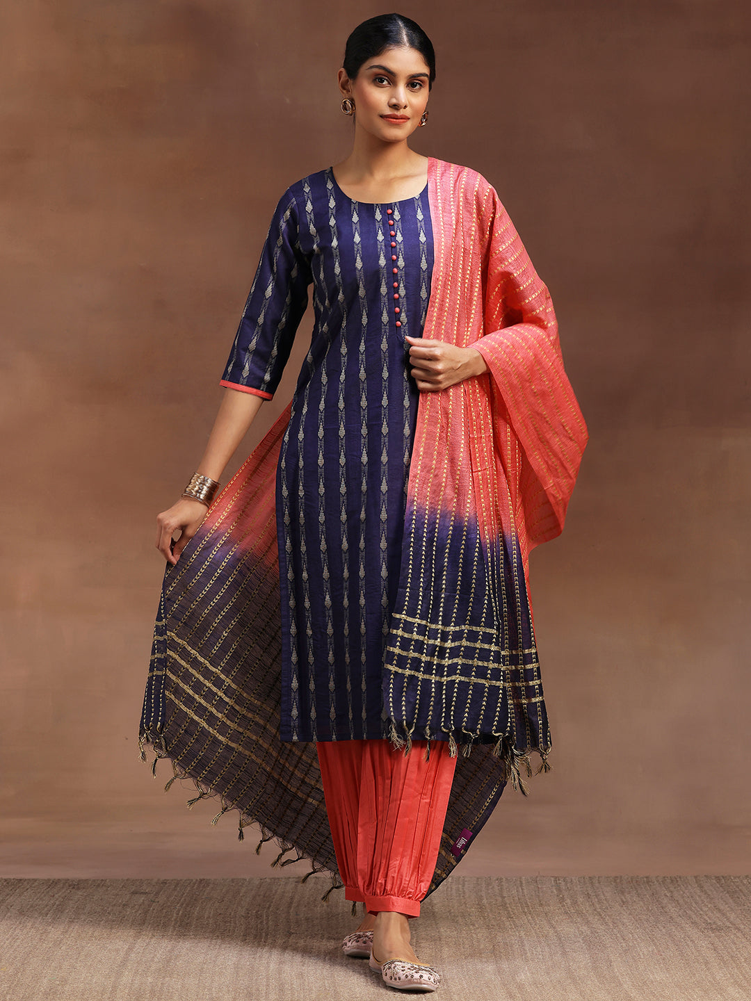 Blue Woven Design Silk Blend Straight Suit With Dupatta