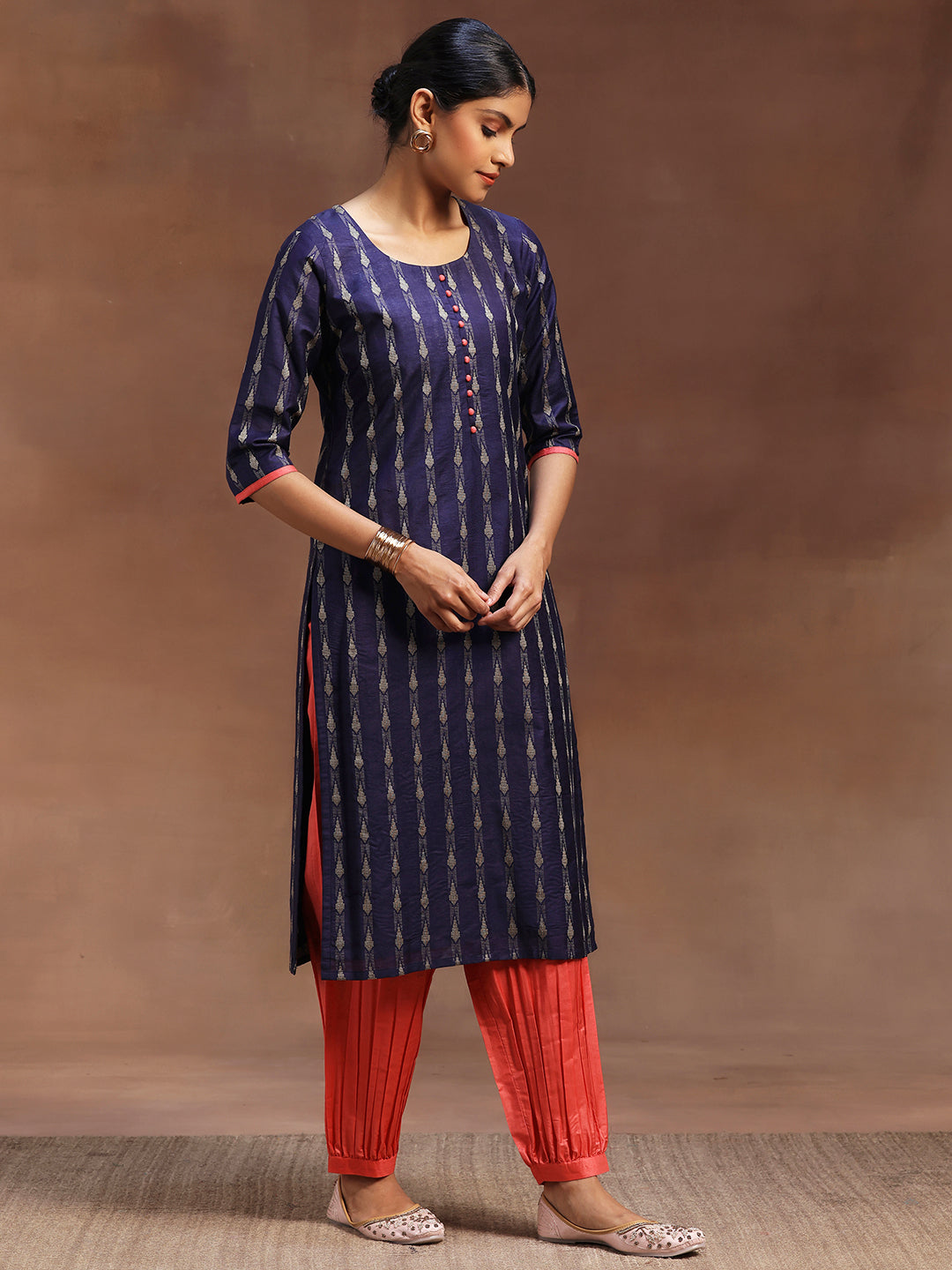 Blue Woven Design Silk Blend Straight Suit With Dupatta