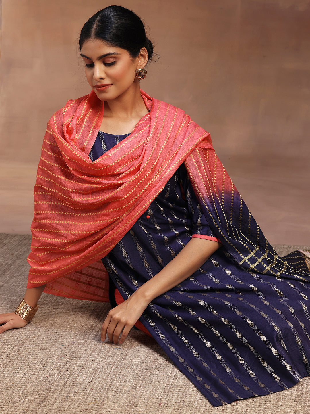 Blue Woven Design Silk Blend Straight Suit With Dupatta