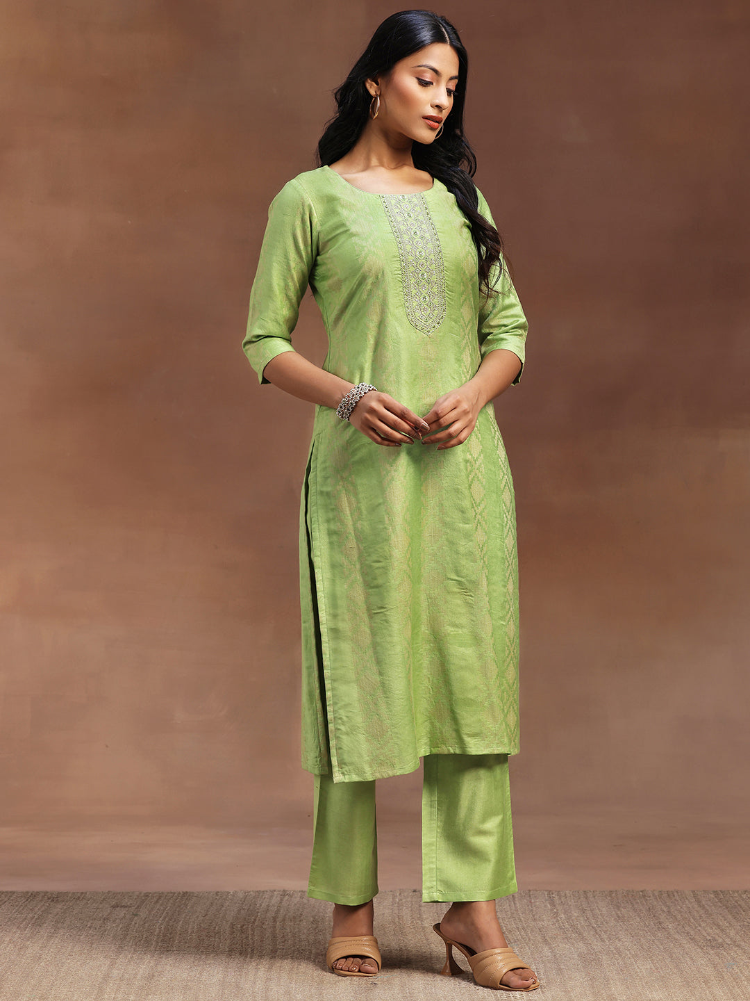 Green Woven Design Chanderi Silk Straight Suit With Dupatta