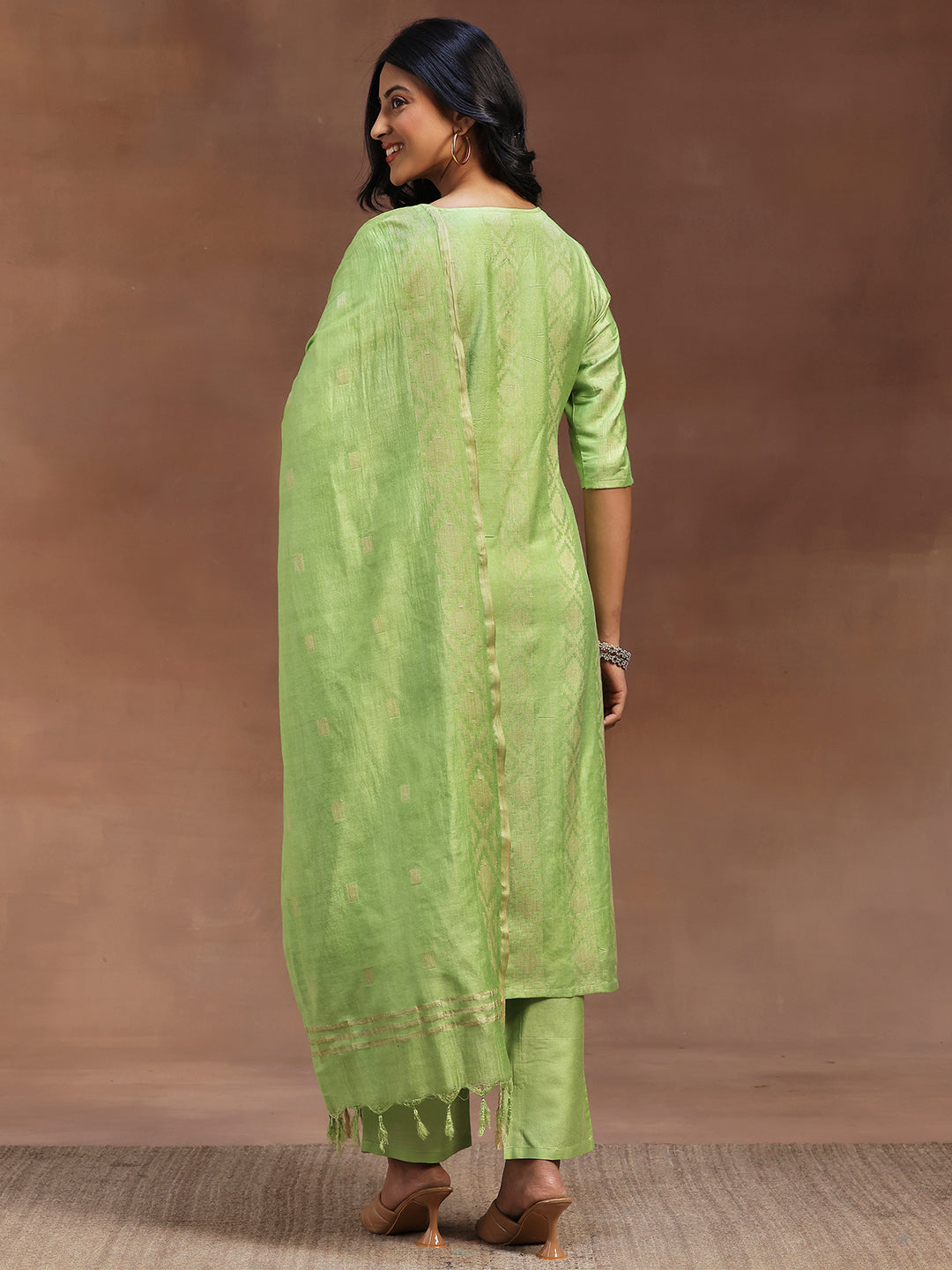 Green Woven Design Chanderi Silk Straight Suit With Dupatta