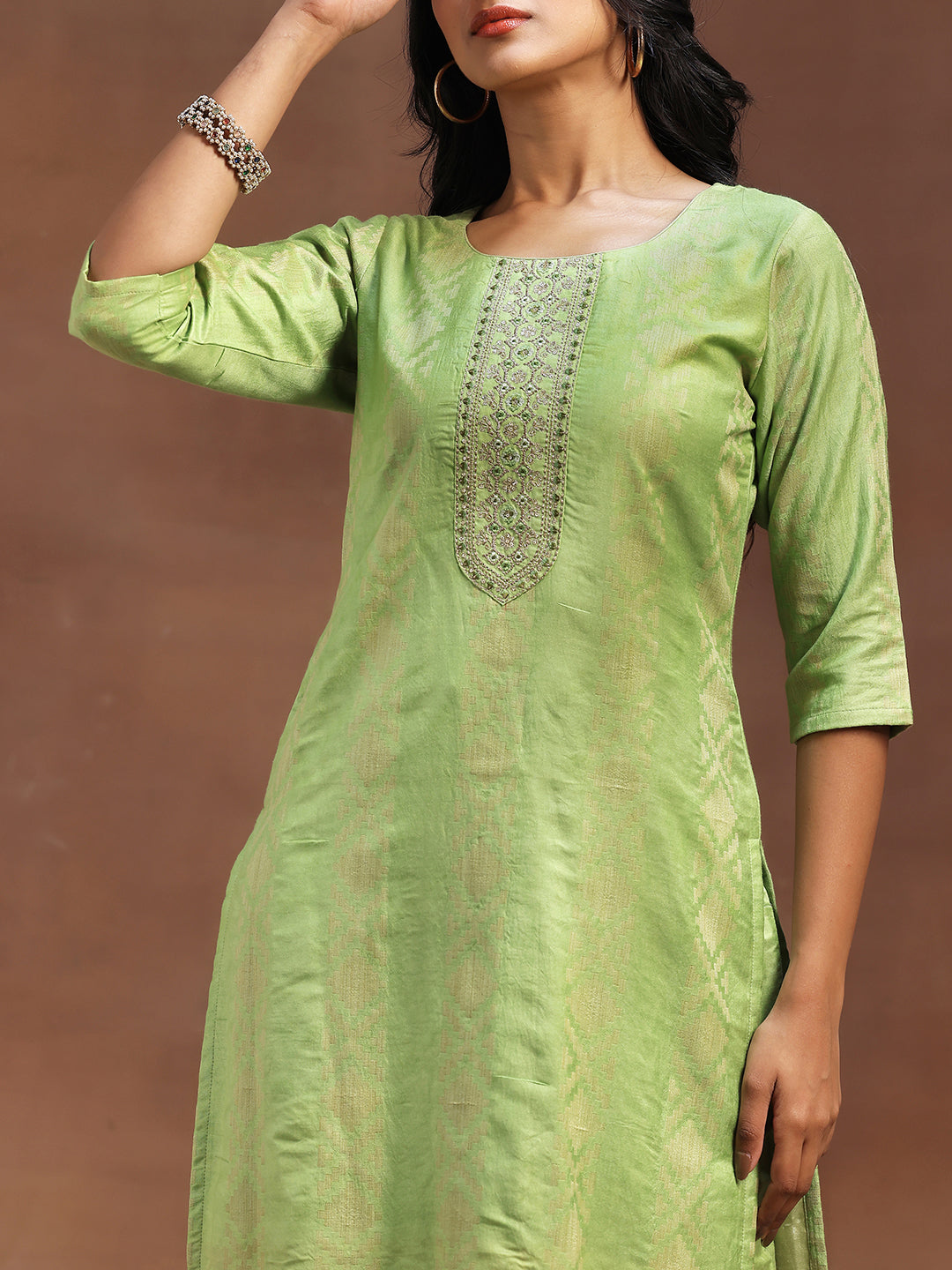 Green Woven Design Chanderi Silk Straight Suit With Dupatta