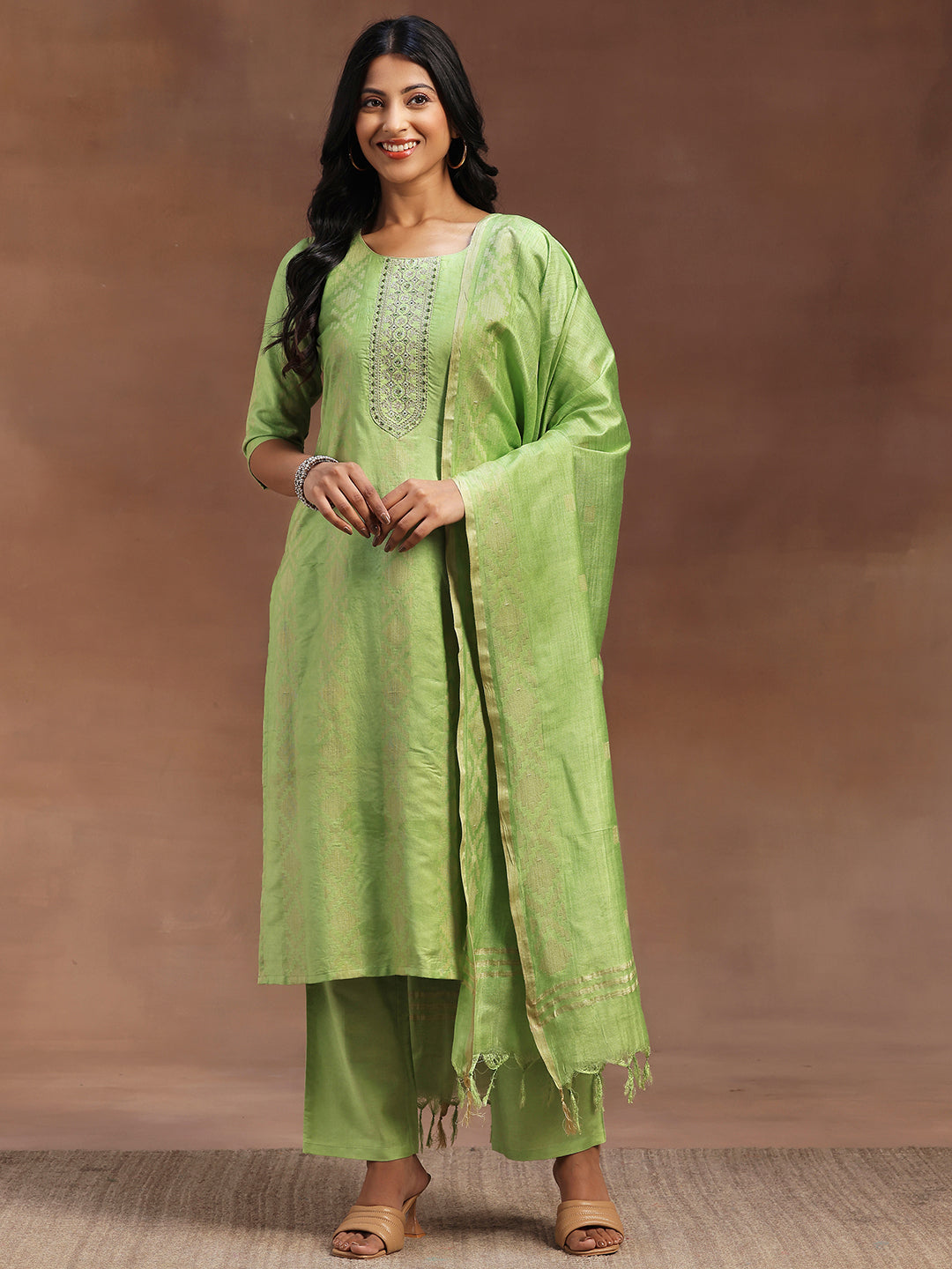 Green Woven Design Chanderi Silk Straight Suit With Dupatta