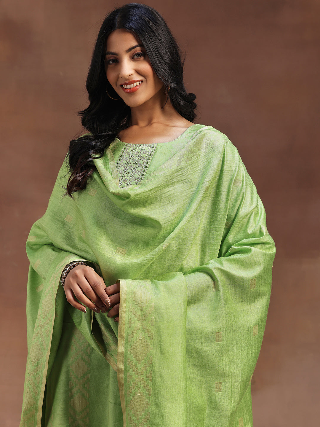 Green Woven Design Chanderi Silk Straight Suit With Dupatta