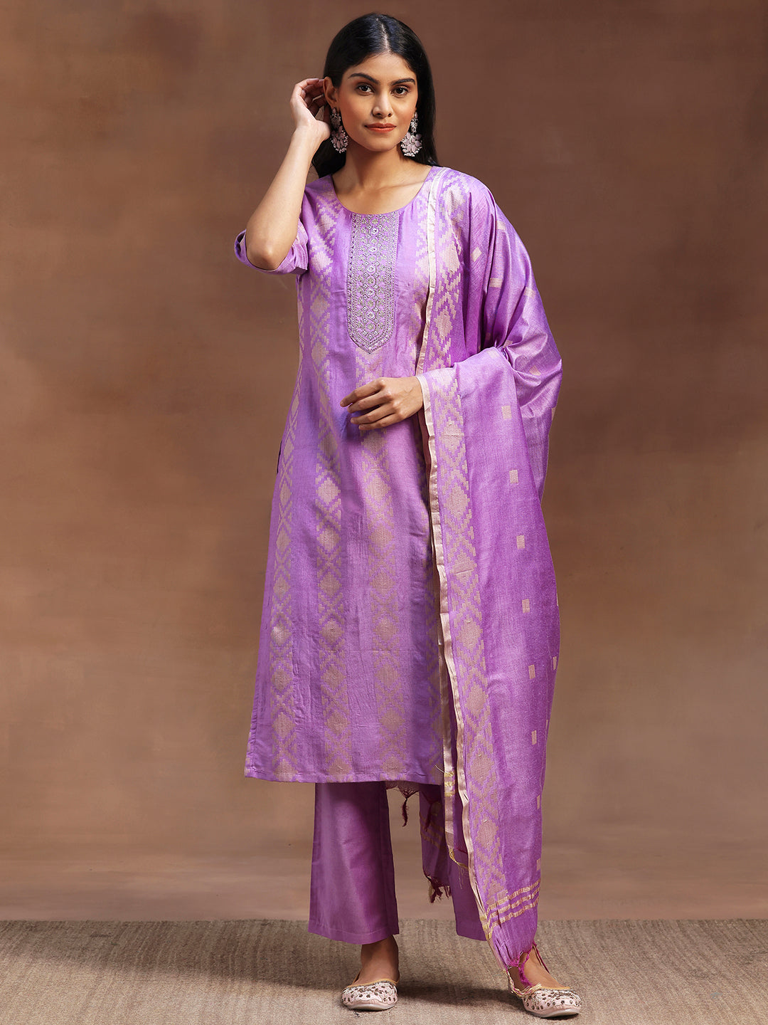 Purple Woven Design Chanderi Silk Straight Suit With Dupatta