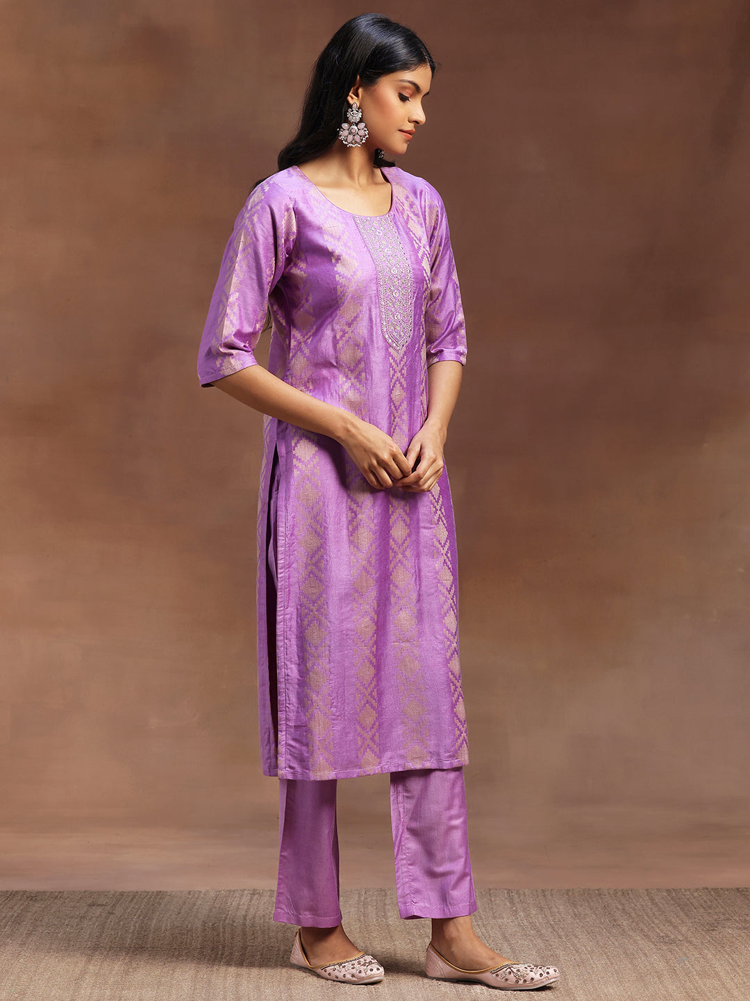 Purple Woven Design Chanderi Silk Straight Suit With Dupatta