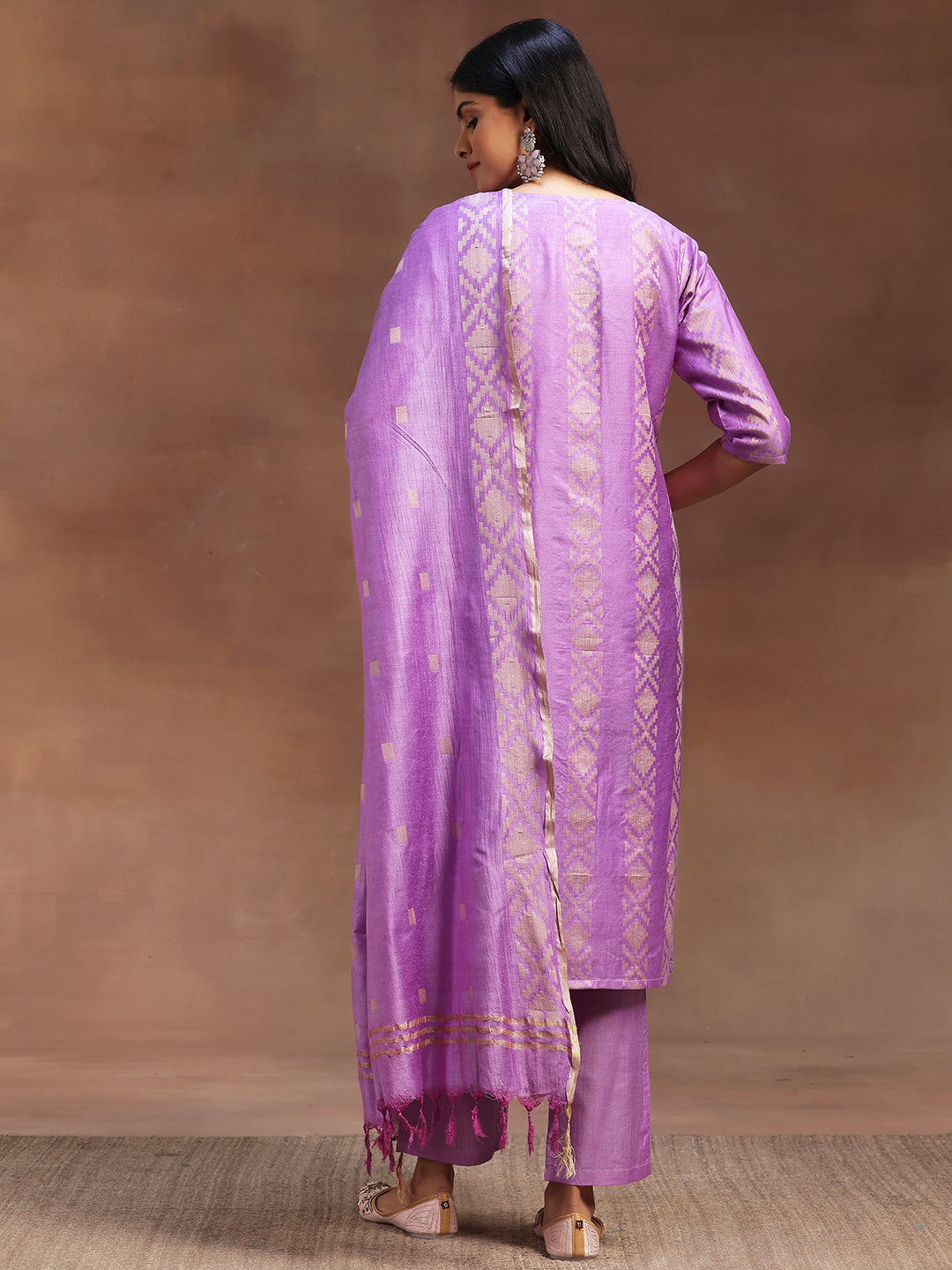 Purple Woven Design Chanderi Silk Straight Suit With Dupatta