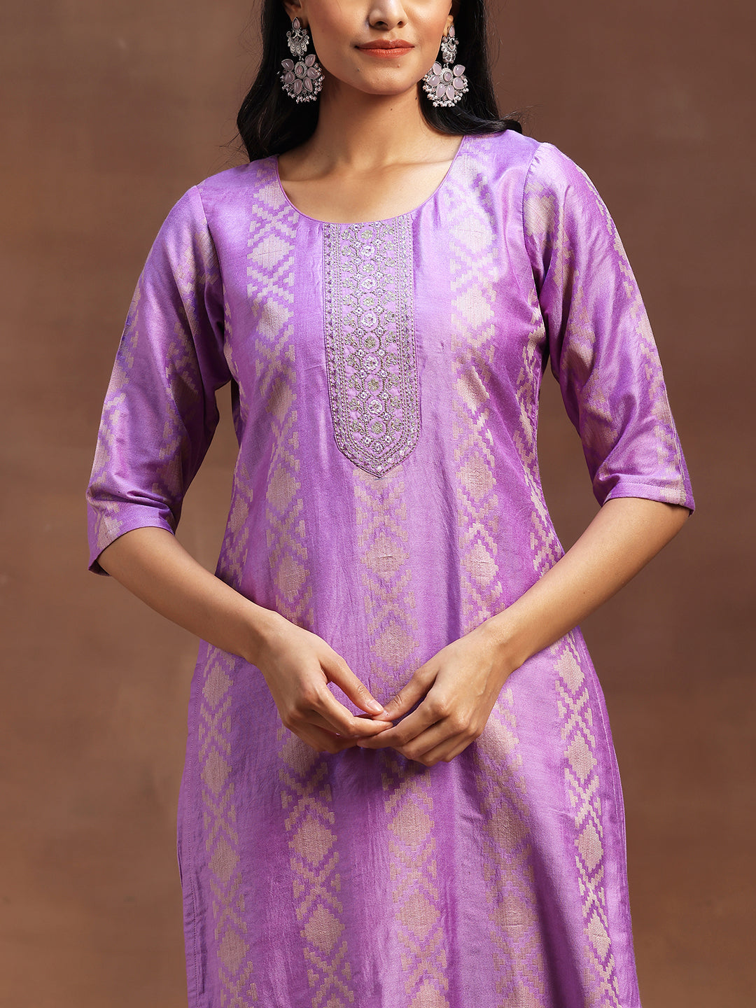 Purple Woven Design Chanderi Silk Straight Suit With Dupatta