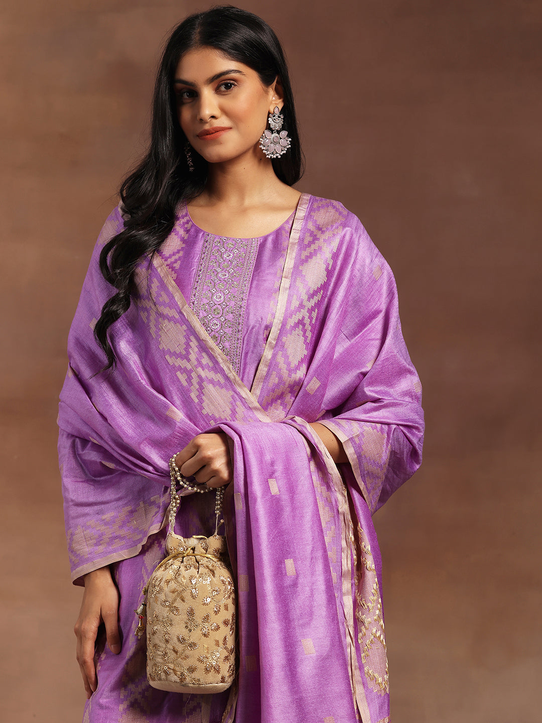 Purple Woven Design Chanderi Silk Straight Suit With Dupatta