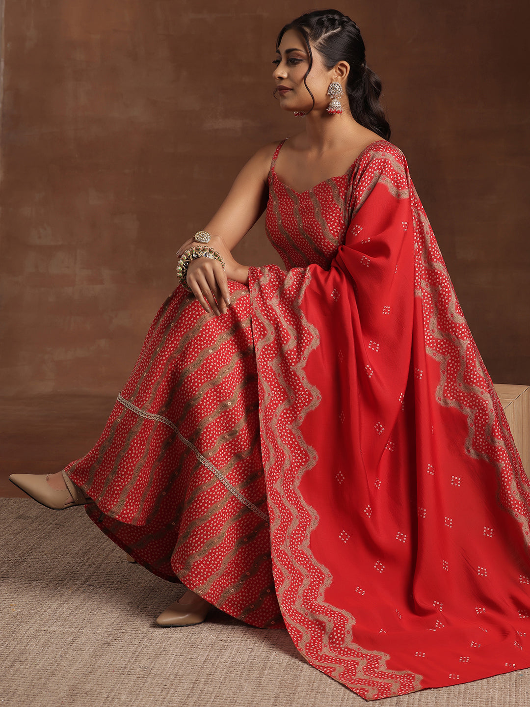 Red Printed Silk Blend Anarkali Suit With Dupatta