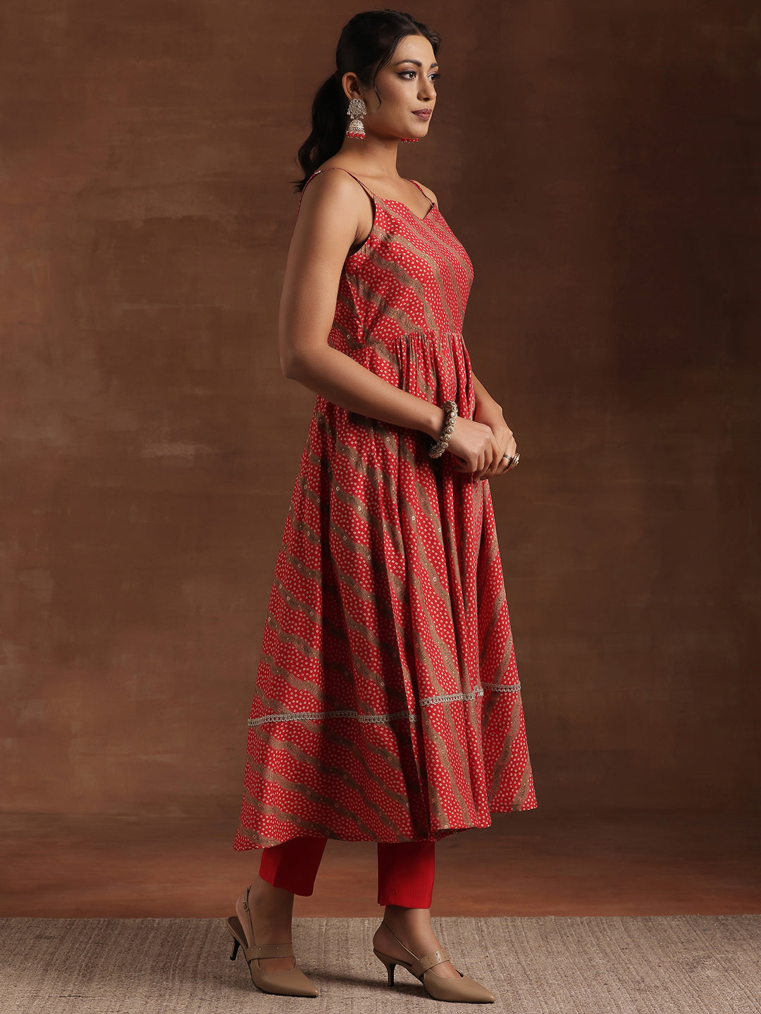 Red Printed Silk Blend Anarkali Suit With Dupatta