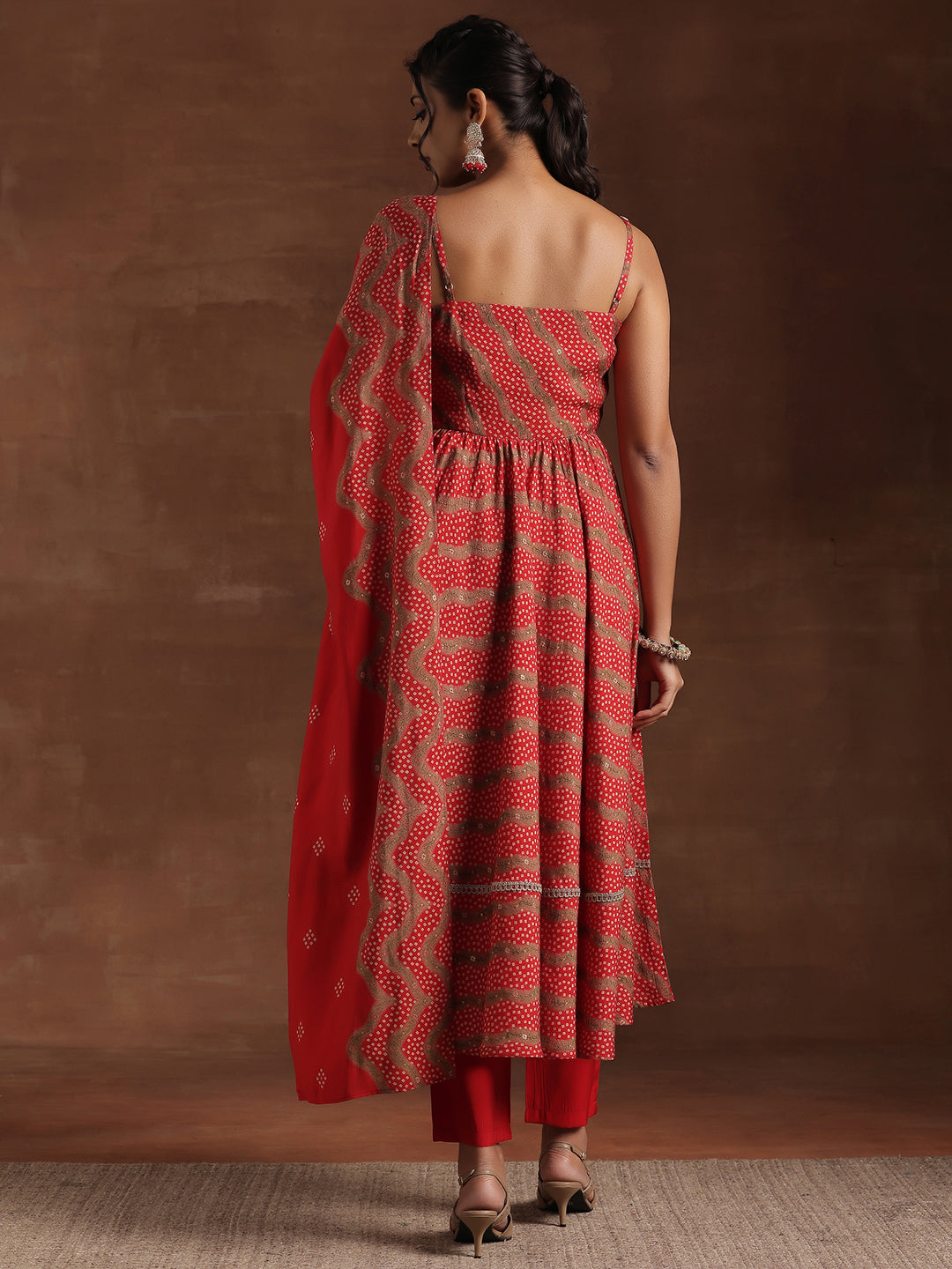 Red Printed Silk Blend Anarkali Suit With Dupatta