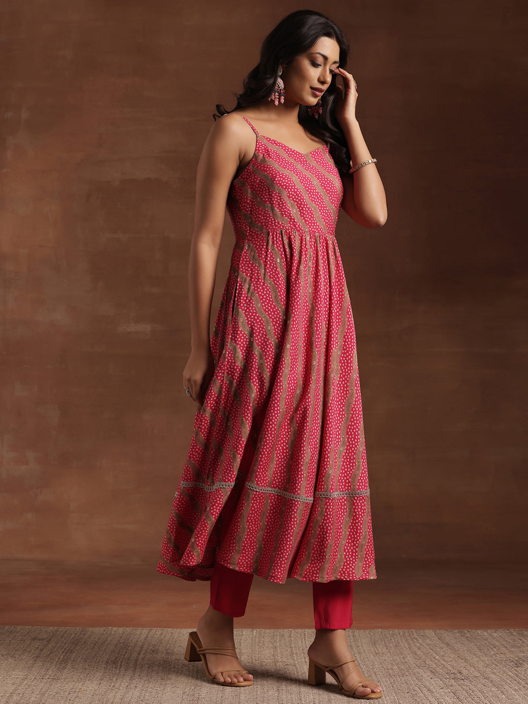 Pink Printed Silk Blend Anarkali Suit With Dupatta