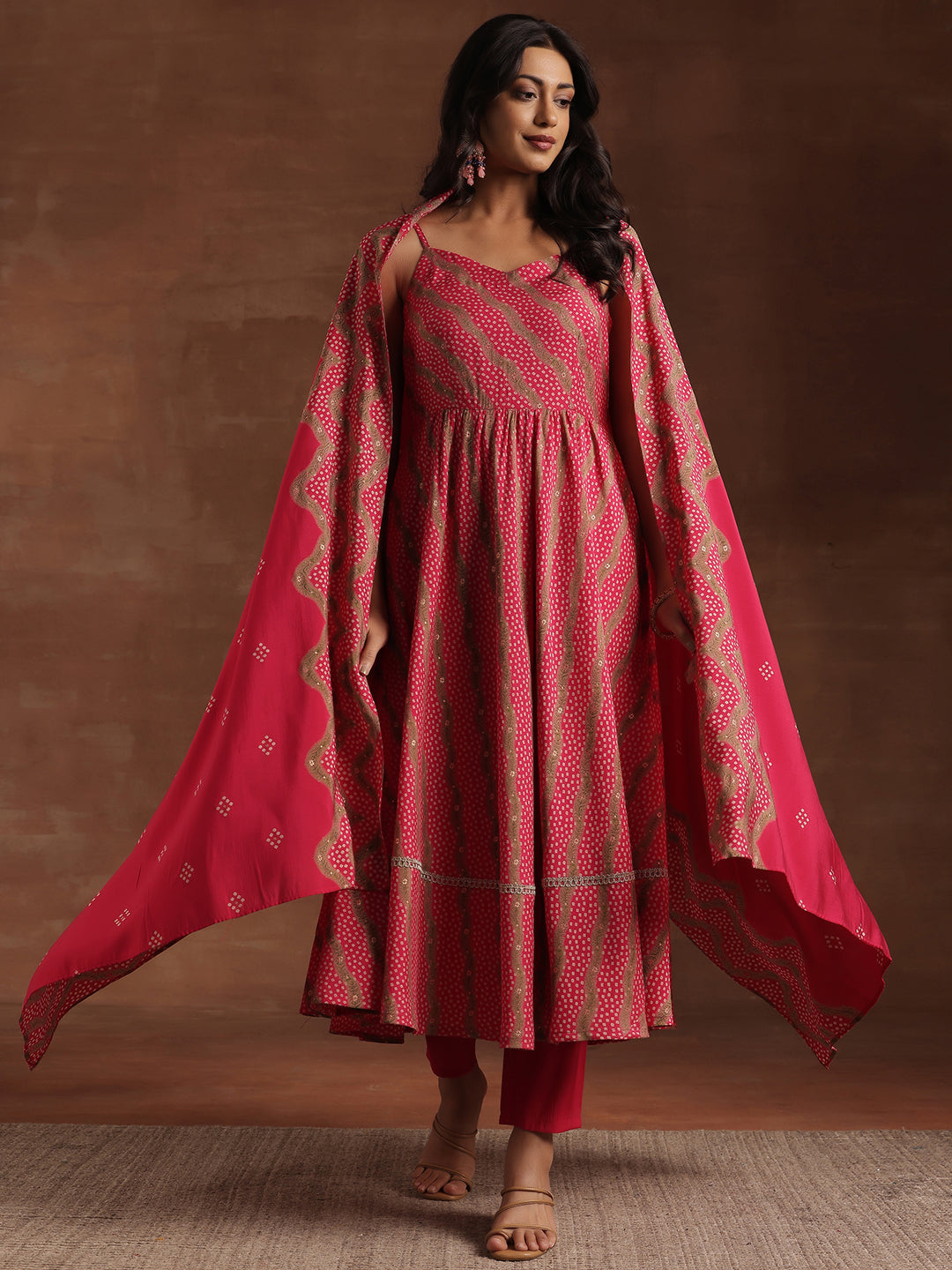 Pink Printed Silk Blend Anarkali Suit With Dupatta