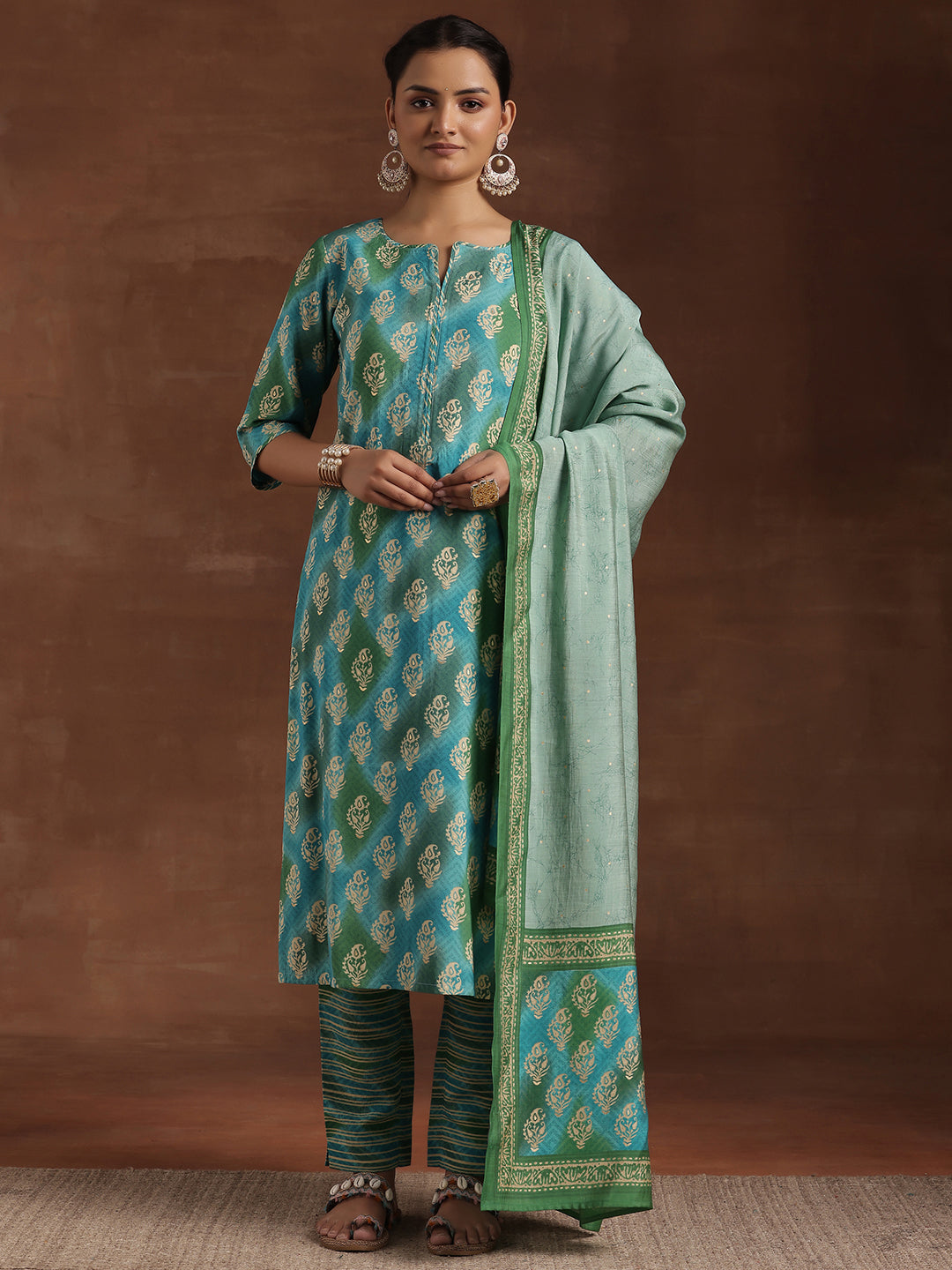 Blue Printed Silk Blend Straight Suit With Dupatta