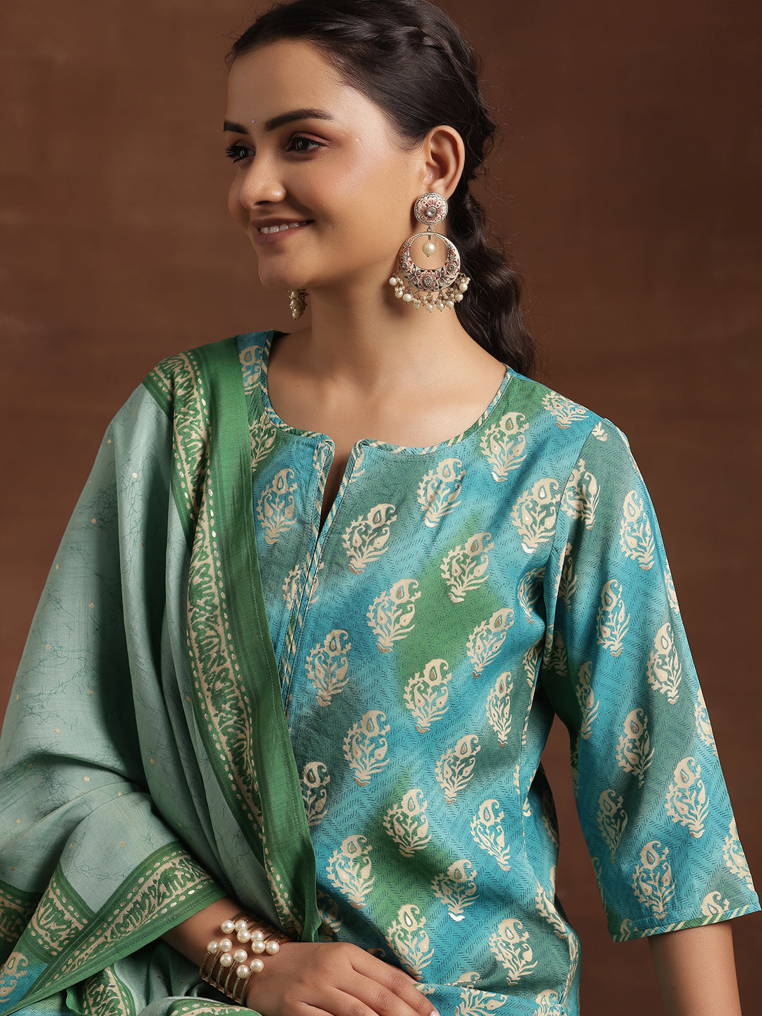 Blue Printed Silk Blend Straight Suit With Dupatta