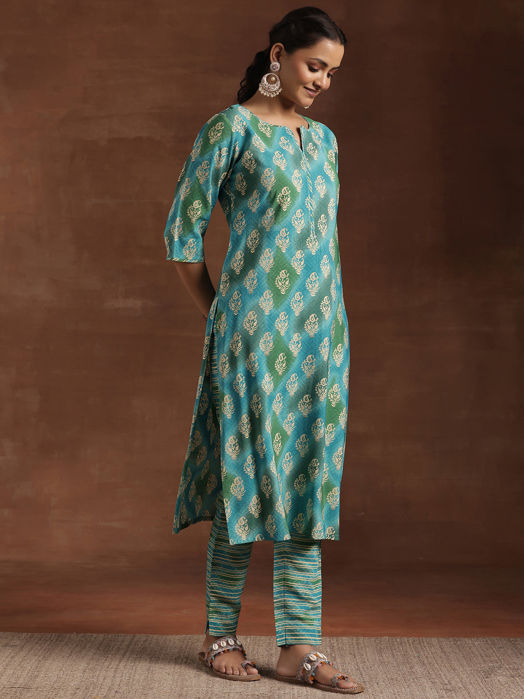 Blue Printed Silk Blend Straight Suit With Dupatta