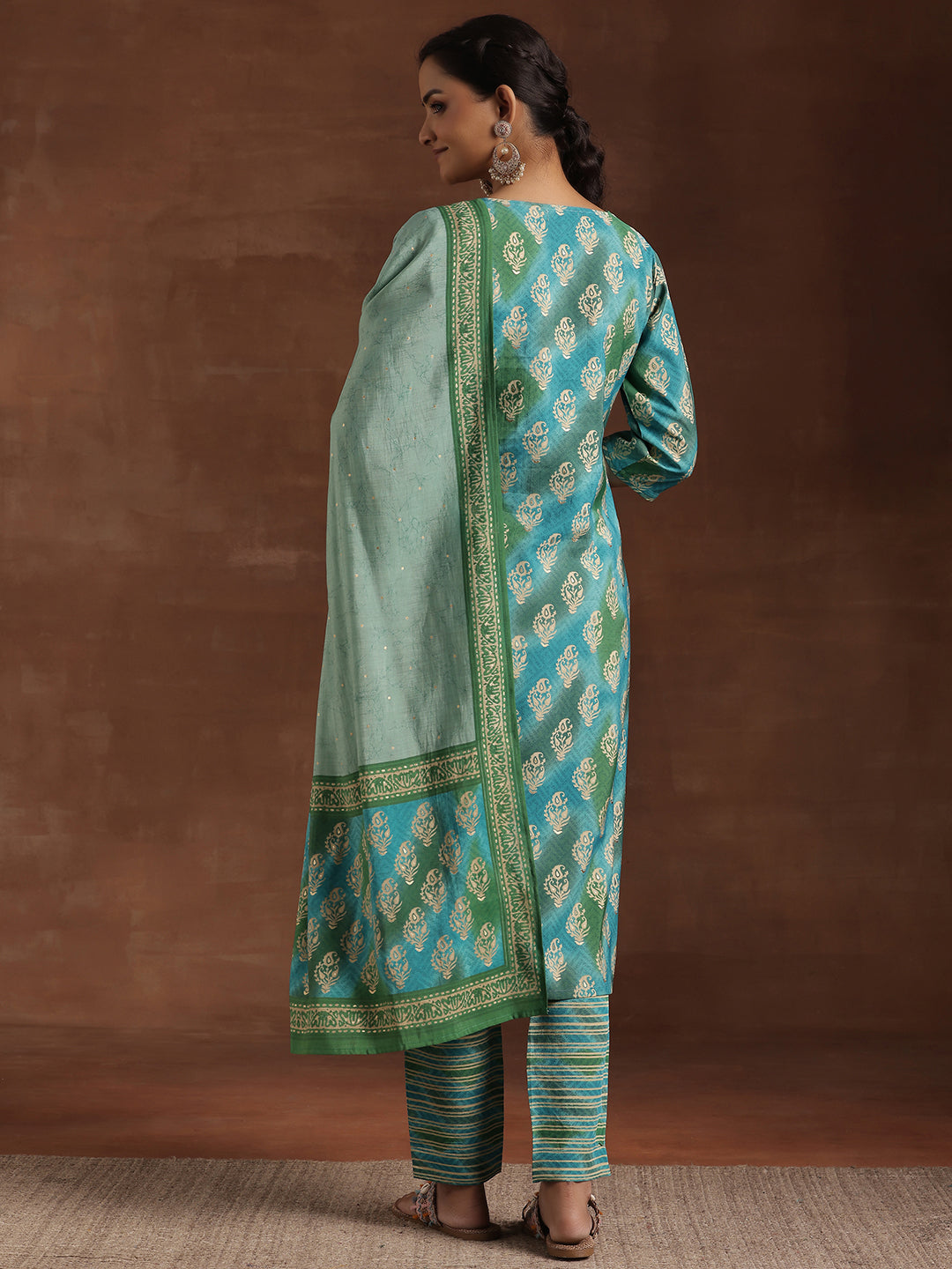 Blue Printed Silk Blend Straight Suit With Dupatta