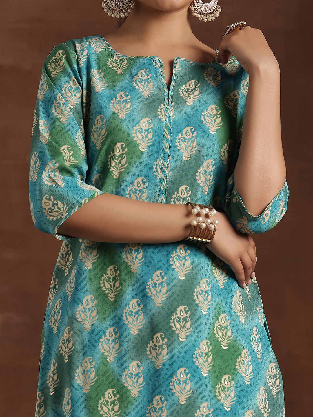 Blue Printed Silk Blend Straight Suit With Dupatta