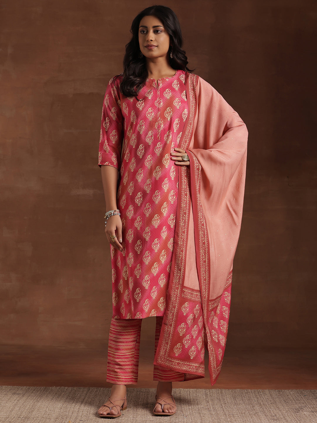 Pink Printed Silk Blend Straight Suit With Dupatta