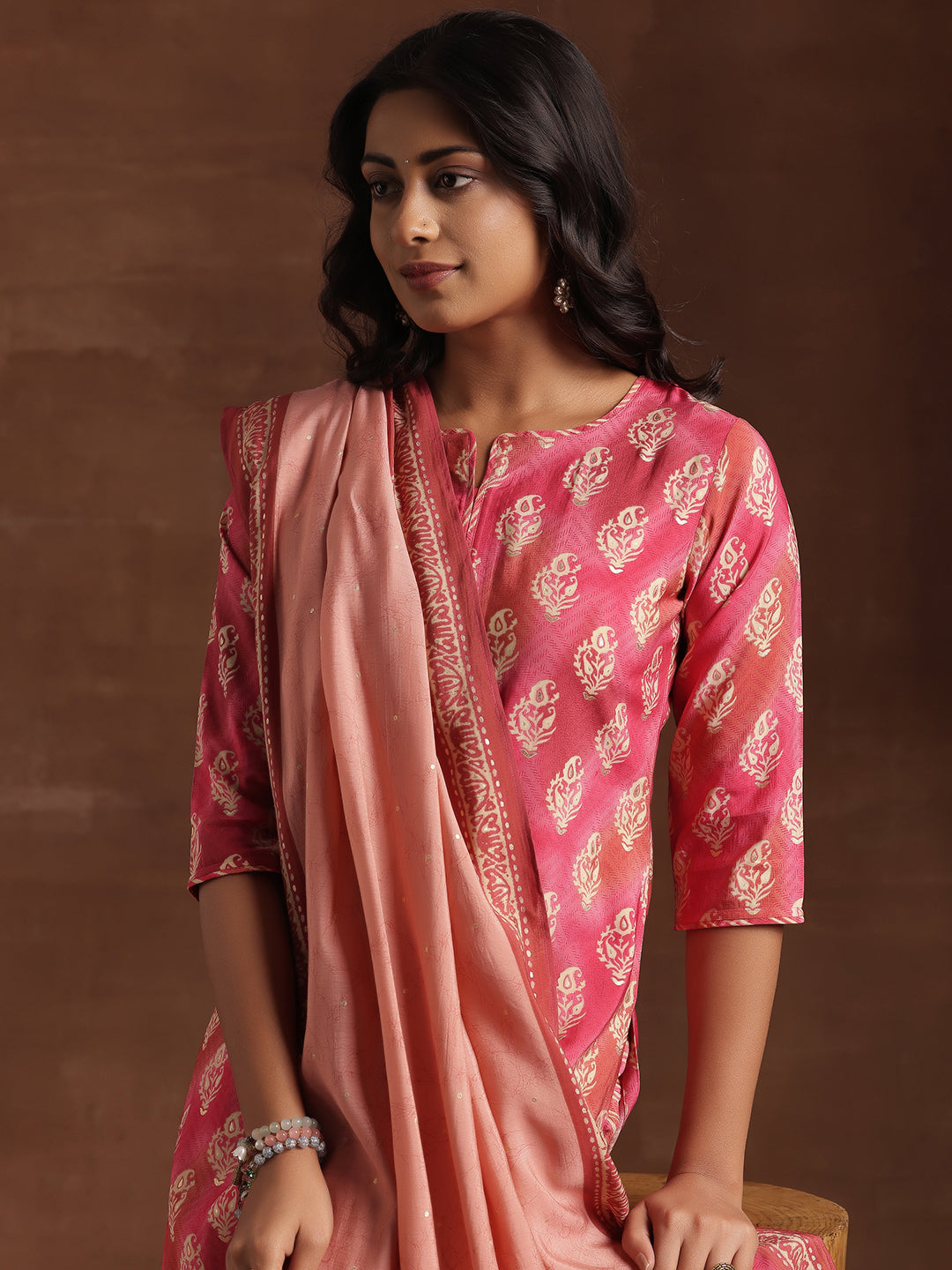 Pink Printed Silk Blend Straight Suit With Dupatta