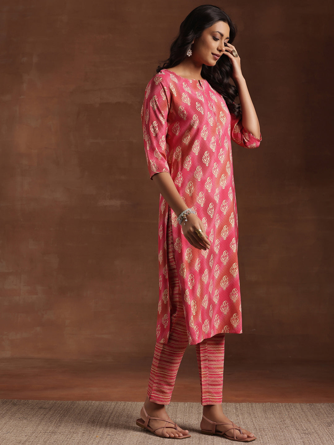 Pink Printed Silk Blend Straight Suit With Dupatta