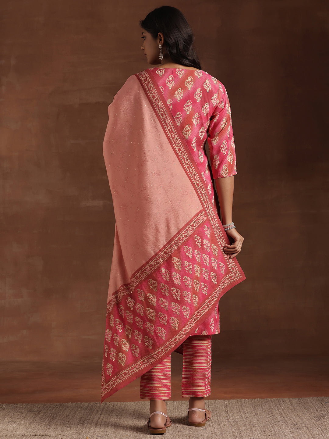 Pink Printed Silk Blend Straight Suit With Dupatta