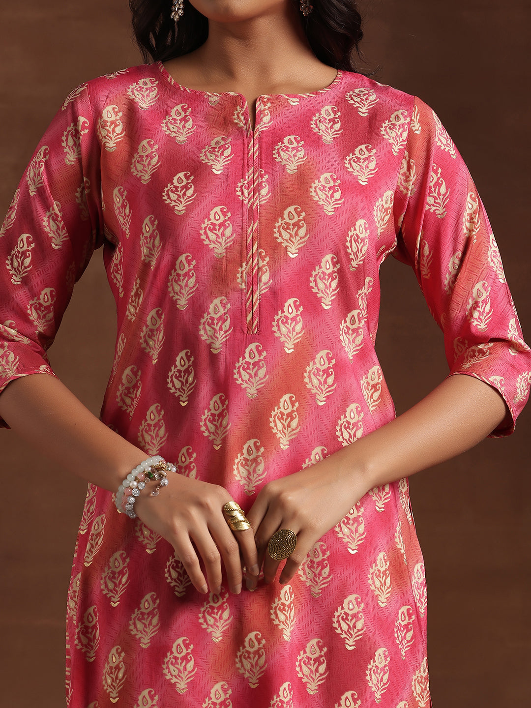 Pink Printed Silk Blend Straight Suit With Dupatta