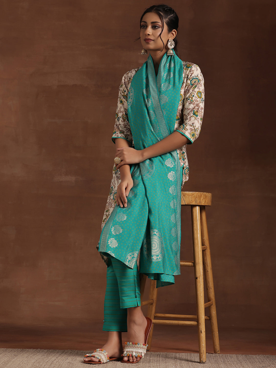 Blue Printed Silk Blend Straight Suit With Dupatta