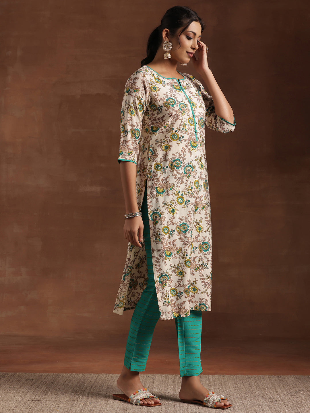 Blue Printed Silk Blend Straight Suit With Dupatta