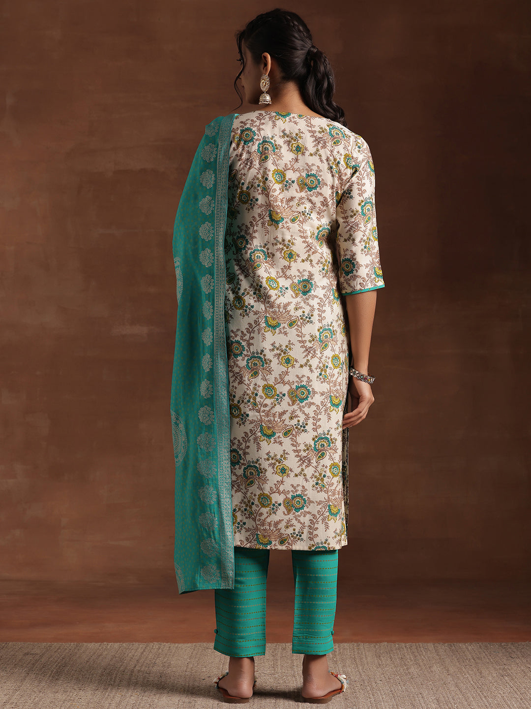 Blue Printed Silk Blend Straight Suit With Dupatta