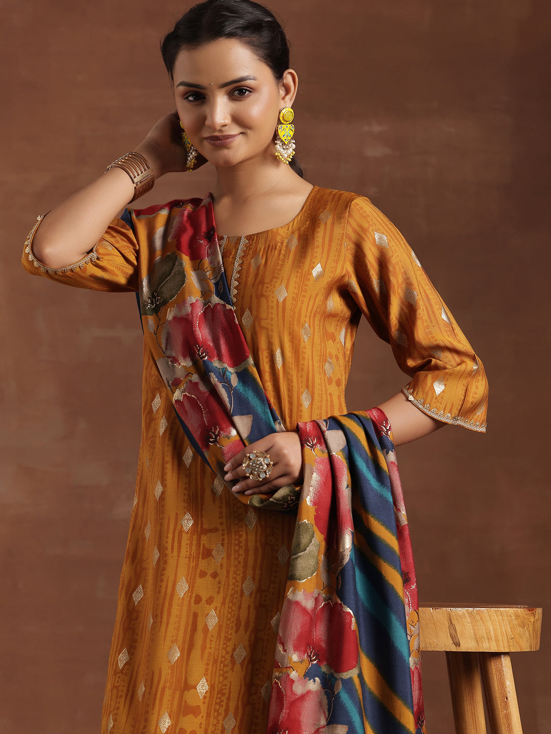 Mustard Woven Design Silk Blend Straight Suit With Dupatta