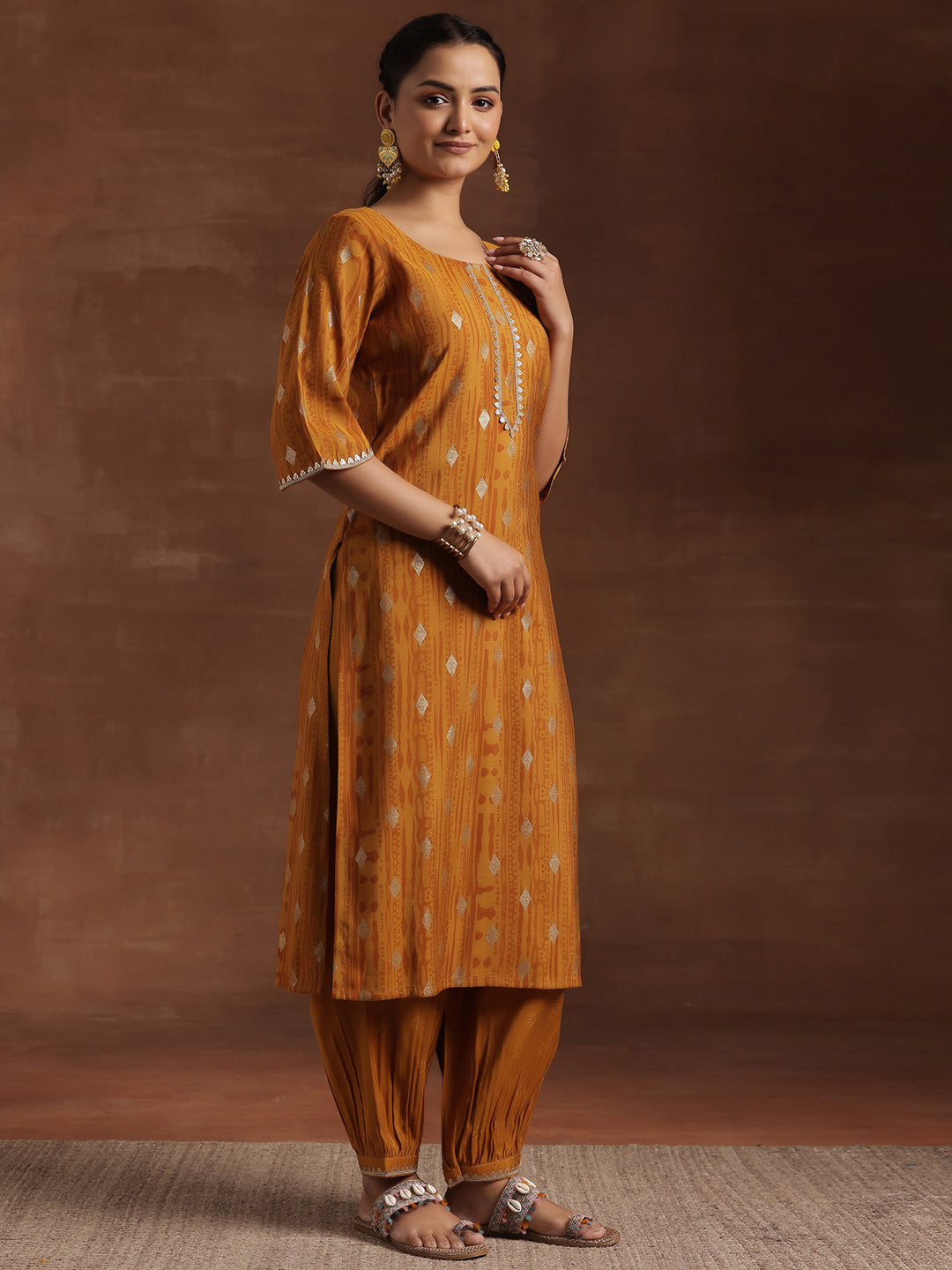 Mustard Woven Design Silk Blend Straight Suit With Dupatta