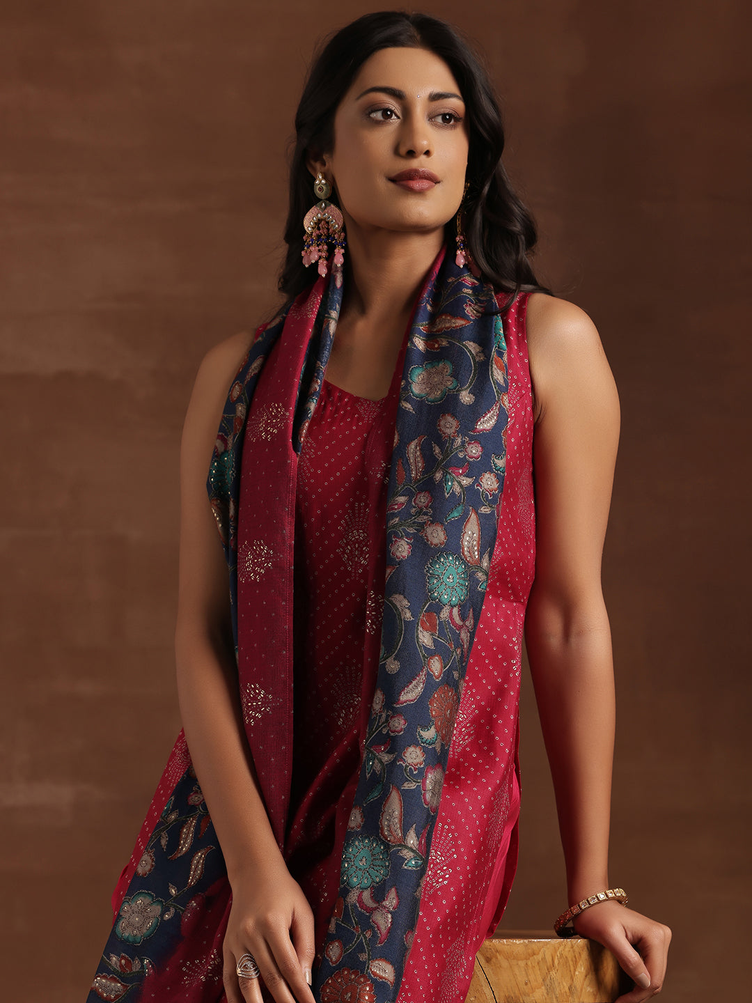 Pink Printed Silk Blend Straight Suit With Dupatta